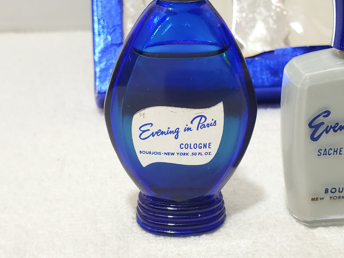 Vintage Evening in Paris Bourjois Gift Set 3 Pc Cobalt Blue Bottles Boxed 1950s