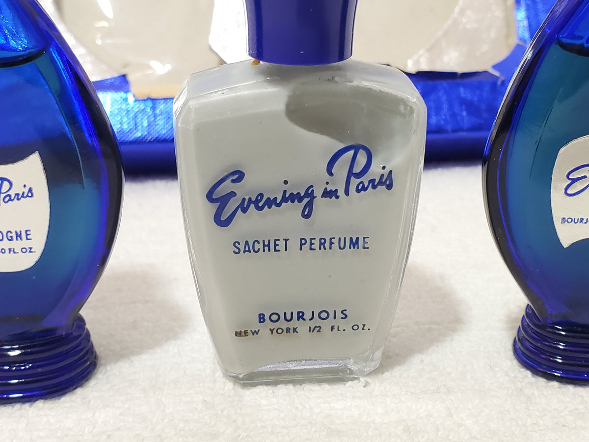 Vintage Evening in Paris Bourjois Gift Set 3 Pc Cobalt Blue Bottles Boxed 1950s