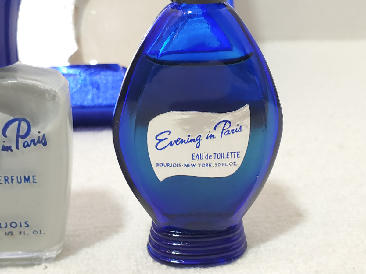 Vintage Evening in Paris Bourjois Gift Set 3 Pc Cobalt Blue Bottles Boxed 1950s