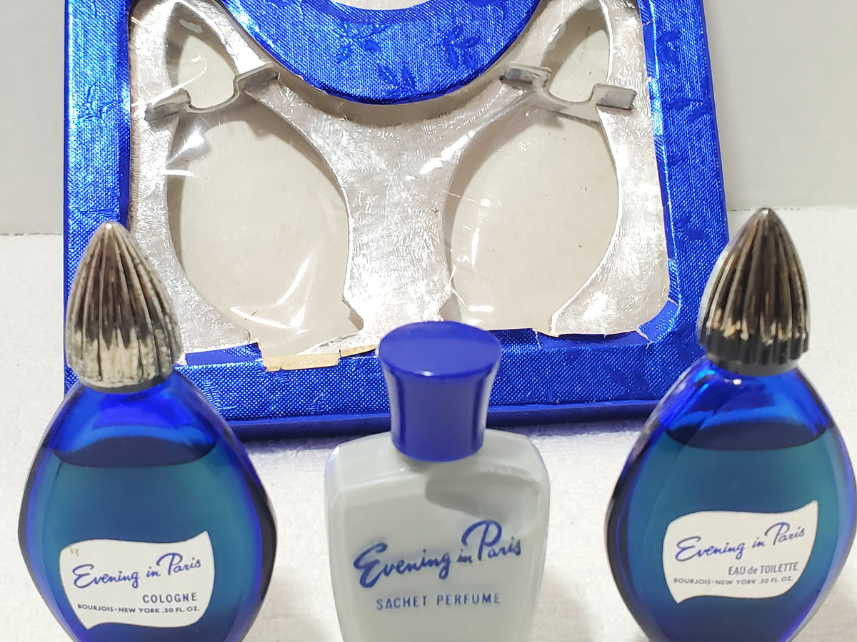 Vintage Evening in Paris Bourjois Gift Set 3 Pc Cobalt Blue Bottles Boxed 1950s