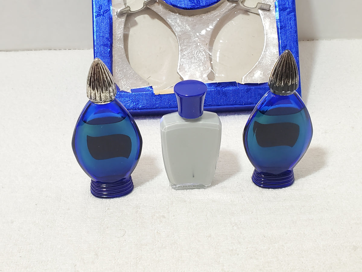 Vintage Evening in Paris Bourjois Gift Set 3 Pc Cobalt Blue Bottles Boxed 1950s