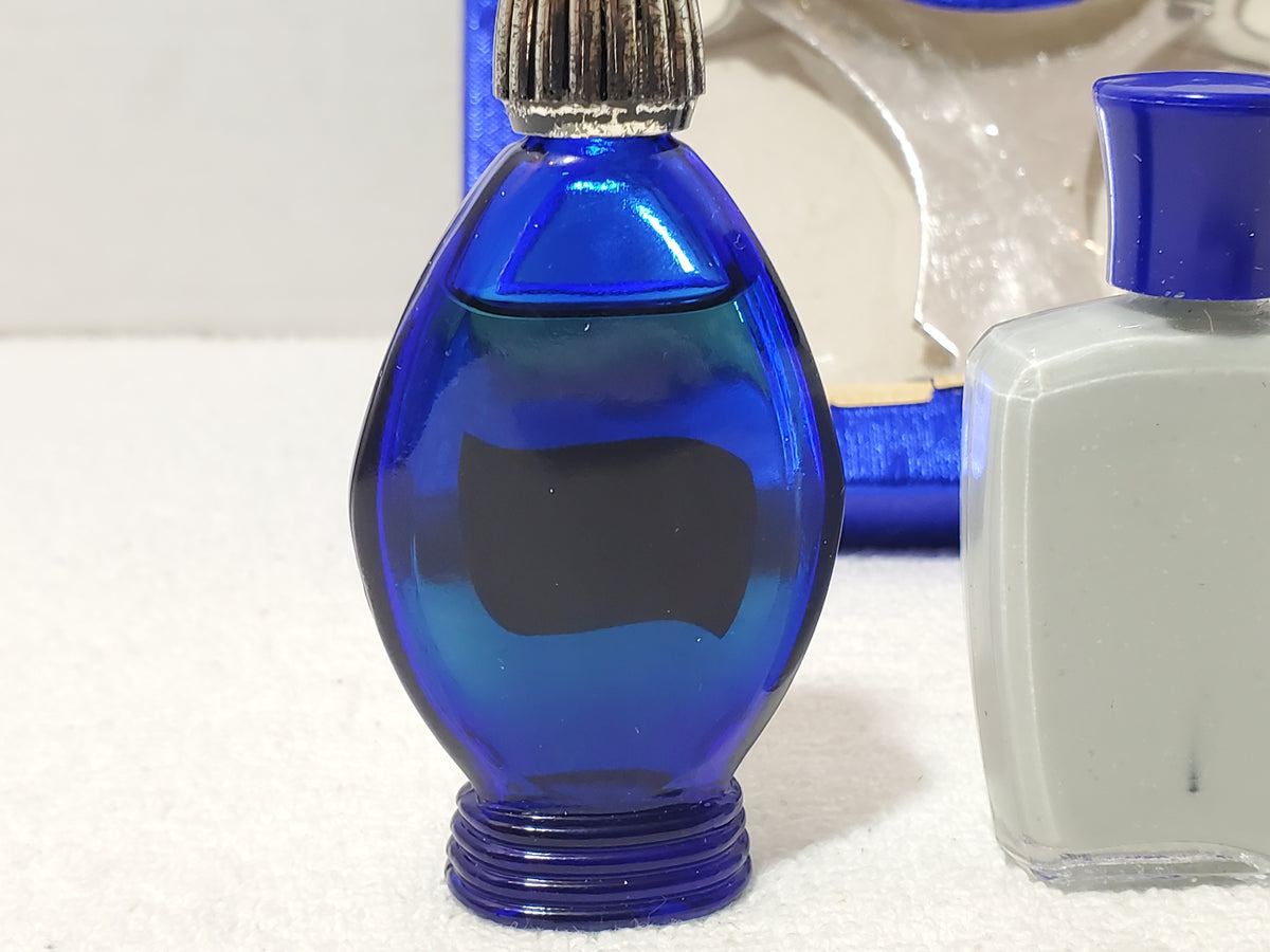 Vintage Evening in Paris Bourjois Gift Set 3 Pc Cobalt Blue Bottles Boxed 1950s
