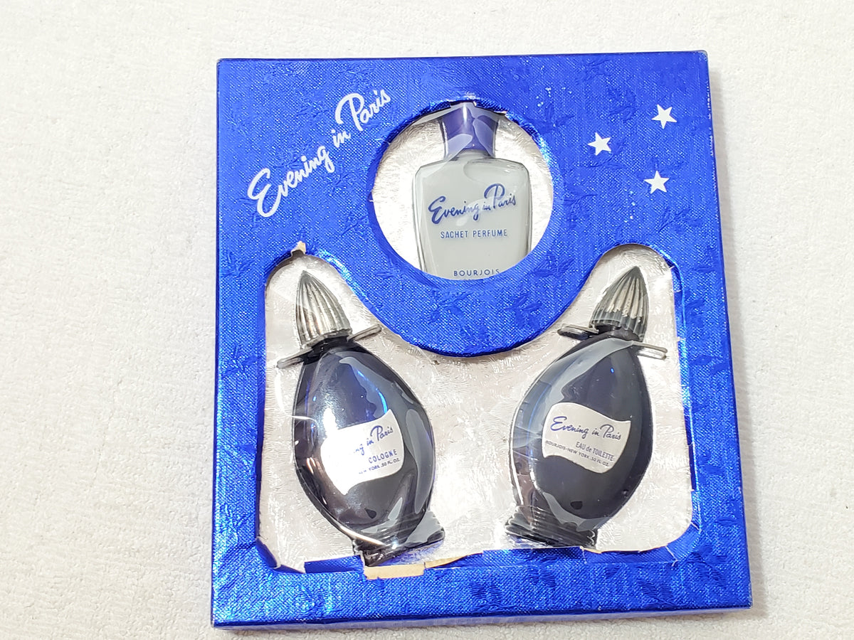 Vintage Evening in Paris Bourjois Gift Set 3 Pc Cobalt Blue Bottles Boxed 1950s