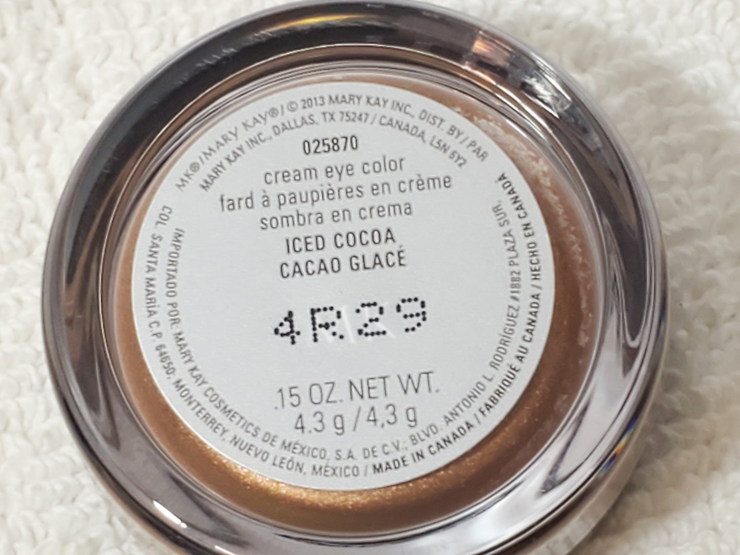 Mary Kay Cream Eye Color Iced Cocoa P/N 025870 Batch Code 4R29 New 0.15 oz Women