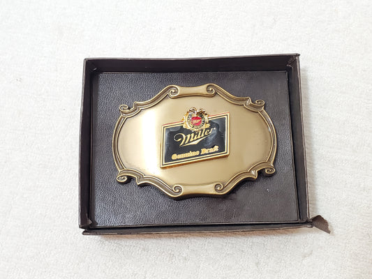 Vintage Miller Genuine Draft Beer Logo Belt Buckle 1980's Solid Brass 3540 Box