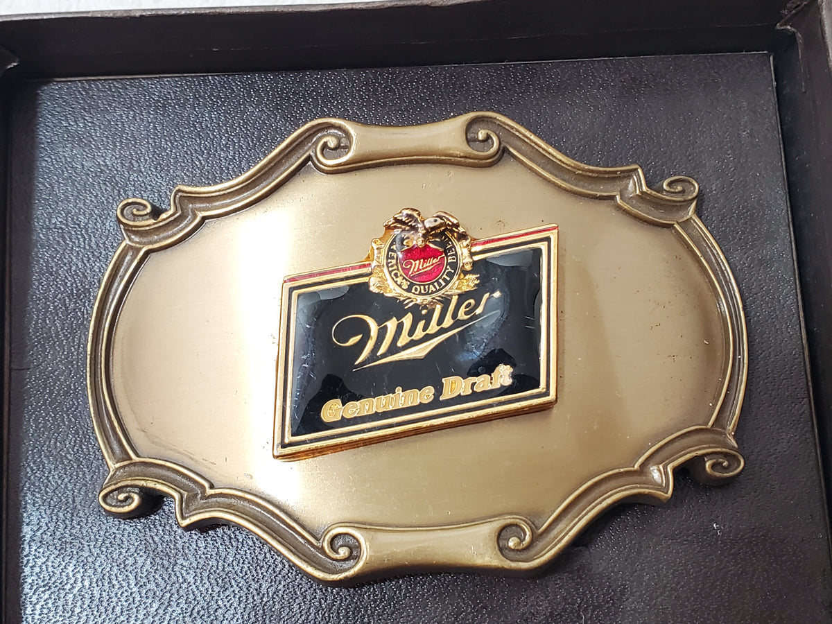 Vintage Miller Genuine Draft Beer Logo Belt Buckle 1980's Solid Brass 3540 Box