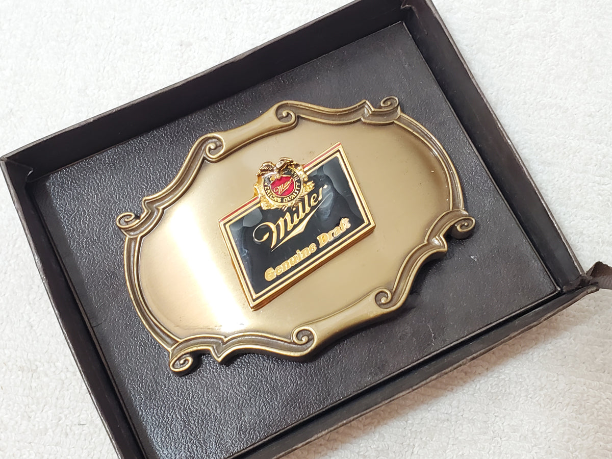 Vintage Miller Genuine Draft Beer Logo Belt Buckle 1980's Solid Brass 3540 Box