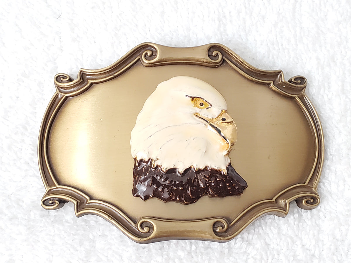 1978 Vintage Raintree American Bald Eagle Belt Buckle Hand Painted Enamel Brass