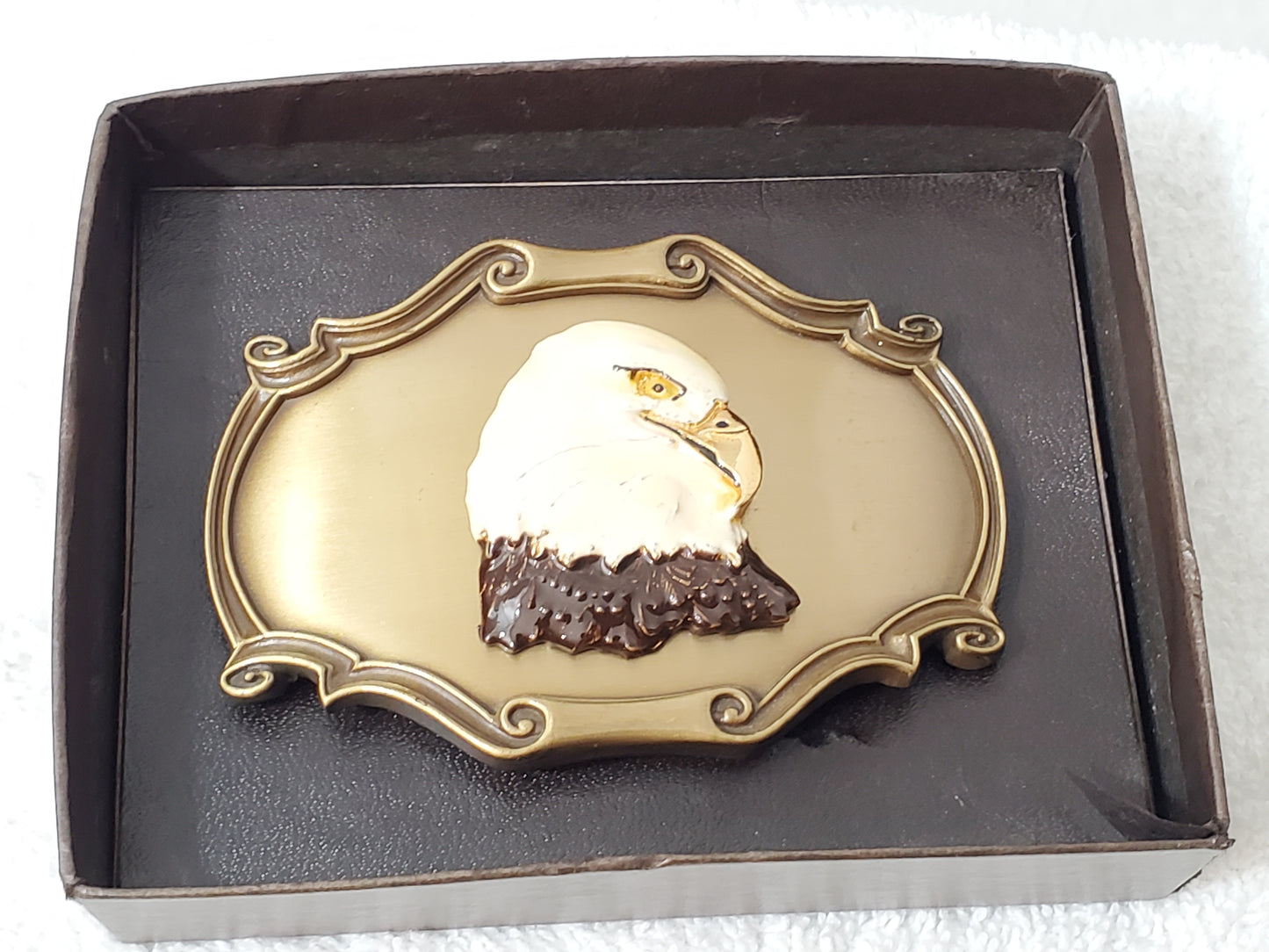 1978 Vintage Raintree American Bald Eagle Belt Buckle Hand Painted Enamel Brass