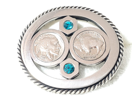 Vintage Buffalo Indian Head Nickels Turquoise Glass Crystals Belt Buckle 5 Cents