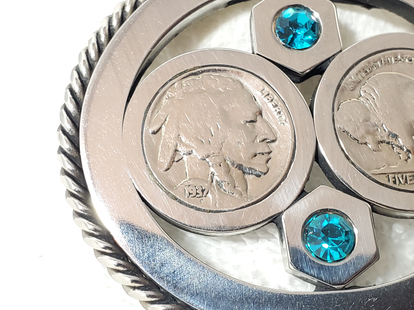 Vintage Buffalo Indian Head Nickels Turquoise Glass Crystals Belt Buckle 5 Cents