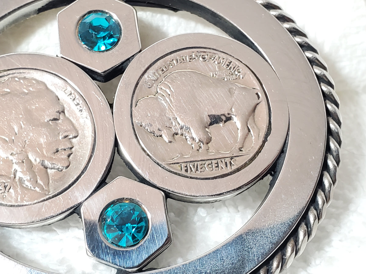 Vintage Buffalo Indian Head Nickels Turquoise Glass Crystals Belt Buckle 5 Cents