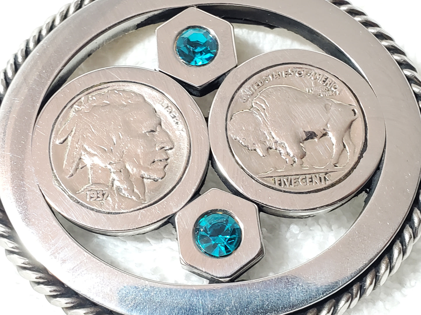 Vintage Buffalo Indian Head Nickels Turquoise Glass Crystals Belt Buckle 5 Cents