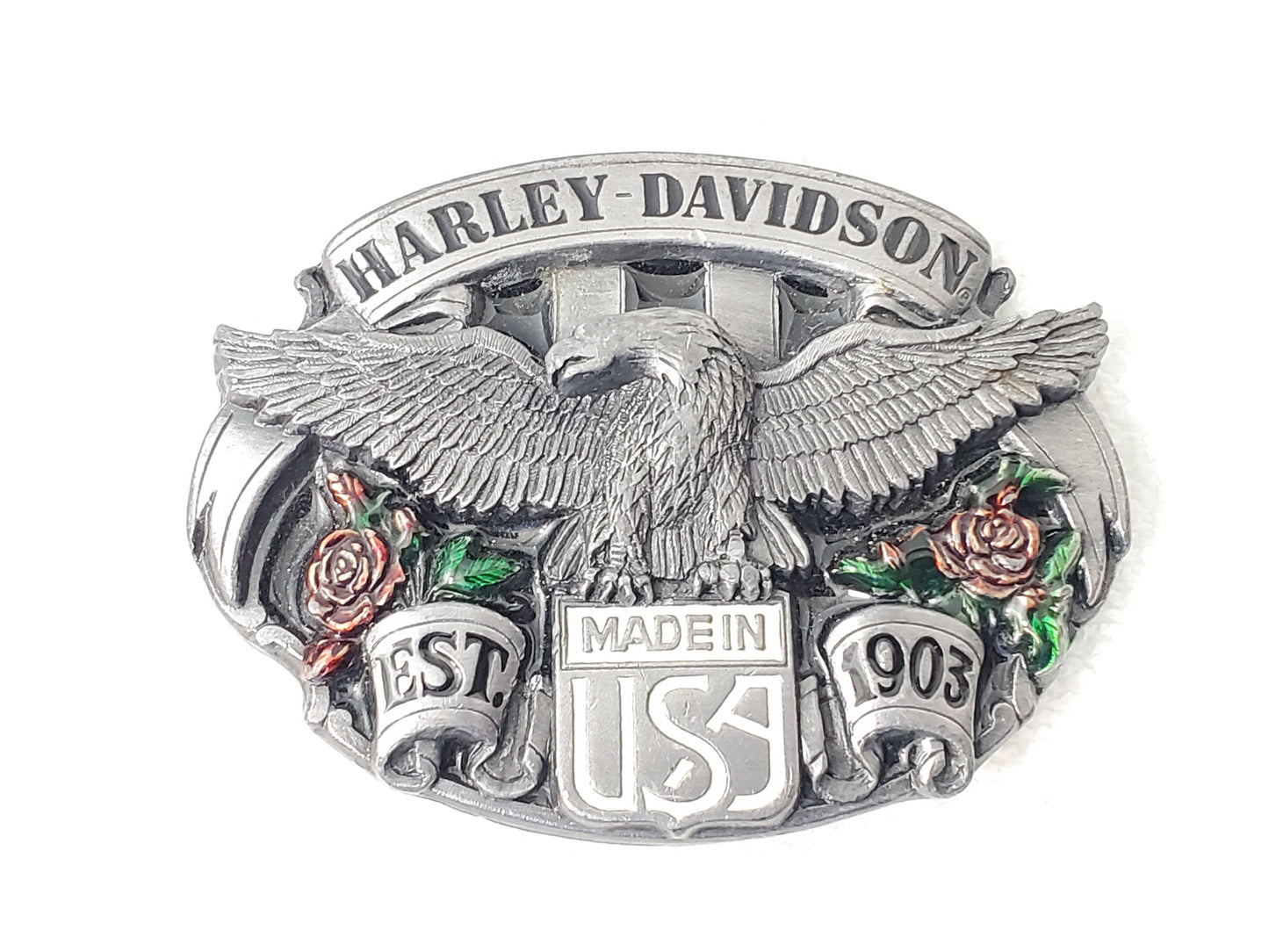 Harley Davidson Belt Buckle Vintage 1980's Solid Pewter Red Roses Green Leaves