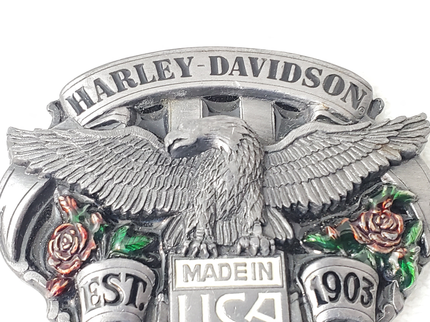 Harley Davidson Belt Buckle Vintage 1980's Solid Pewter Red Roses Green Leaves