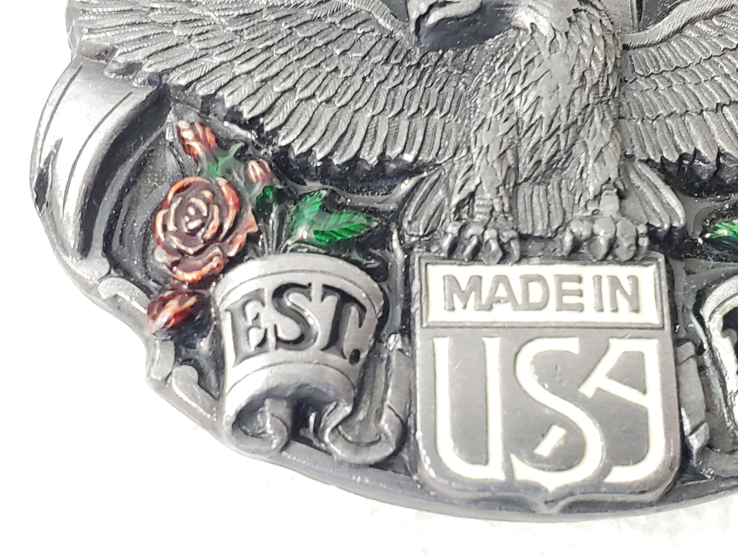 Harley Davidson Belt Buckle Vintage 1980's Solid Pewter Red Roses Green Leaves