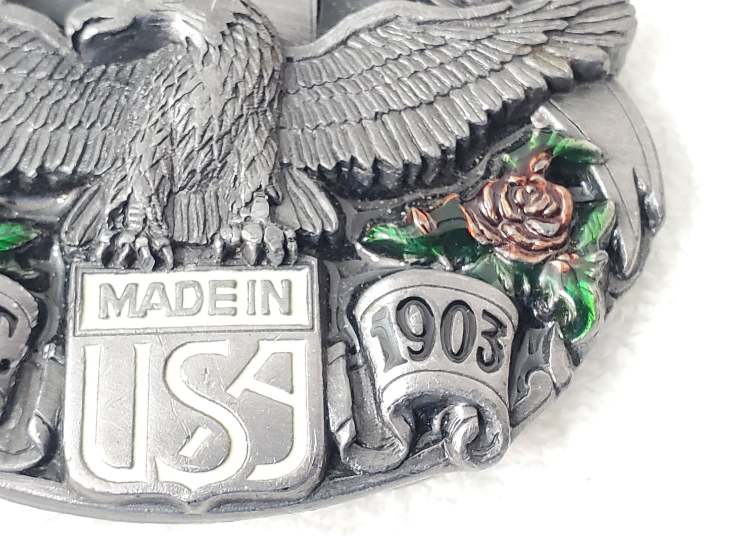 Harley Davidson Belt Buckle Vintage 1980's Solid Pewter Red Roses Green Leaves