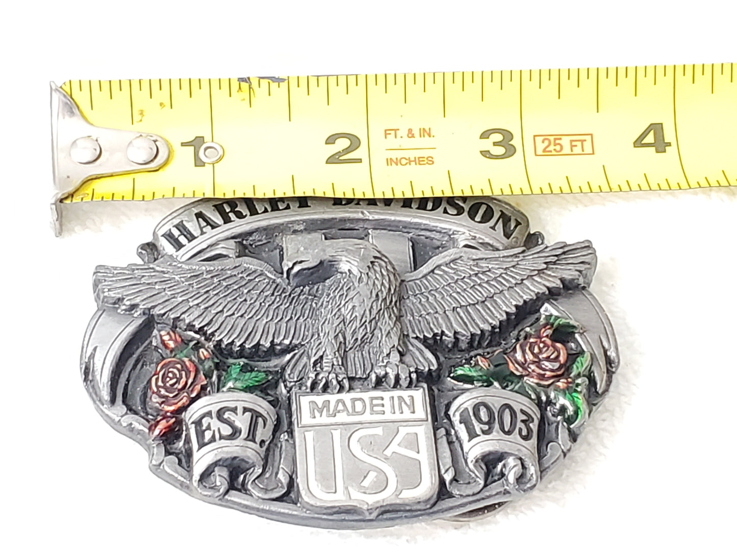 Harley Davidson Belt Buckle Vintage 1980's Solid Pewter Red Roses Green Leaves