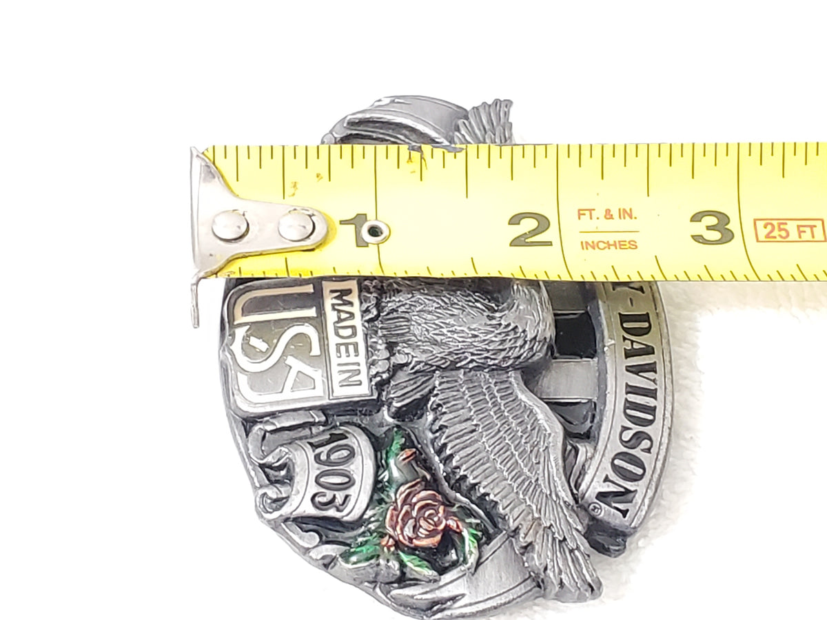 Harley Davidson Belt Buckle Vintage 1980's Solid Pewter Red Roses Green Leaves