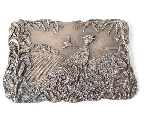 Vintage 1977 Bergamot Brass Works Belt Buckle Wildlife Hunting Cornfield USA