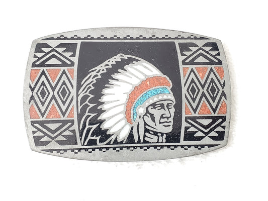 1984 Vintage Native American Chief Feather Headdress Profile Belt Buckle by ADM