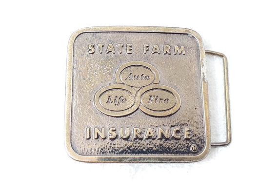 State Farm Insurance Vintage Belt Buckle Classic Three Logo Auto Life Fire