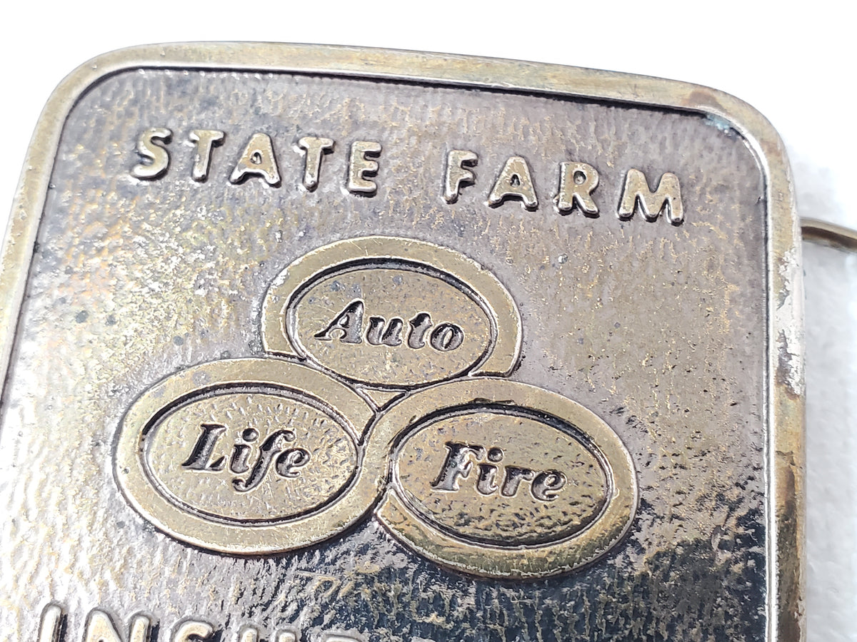 State Farm Insurance Vintage Belt Buckle Classic Three Logo Auto Life Fire