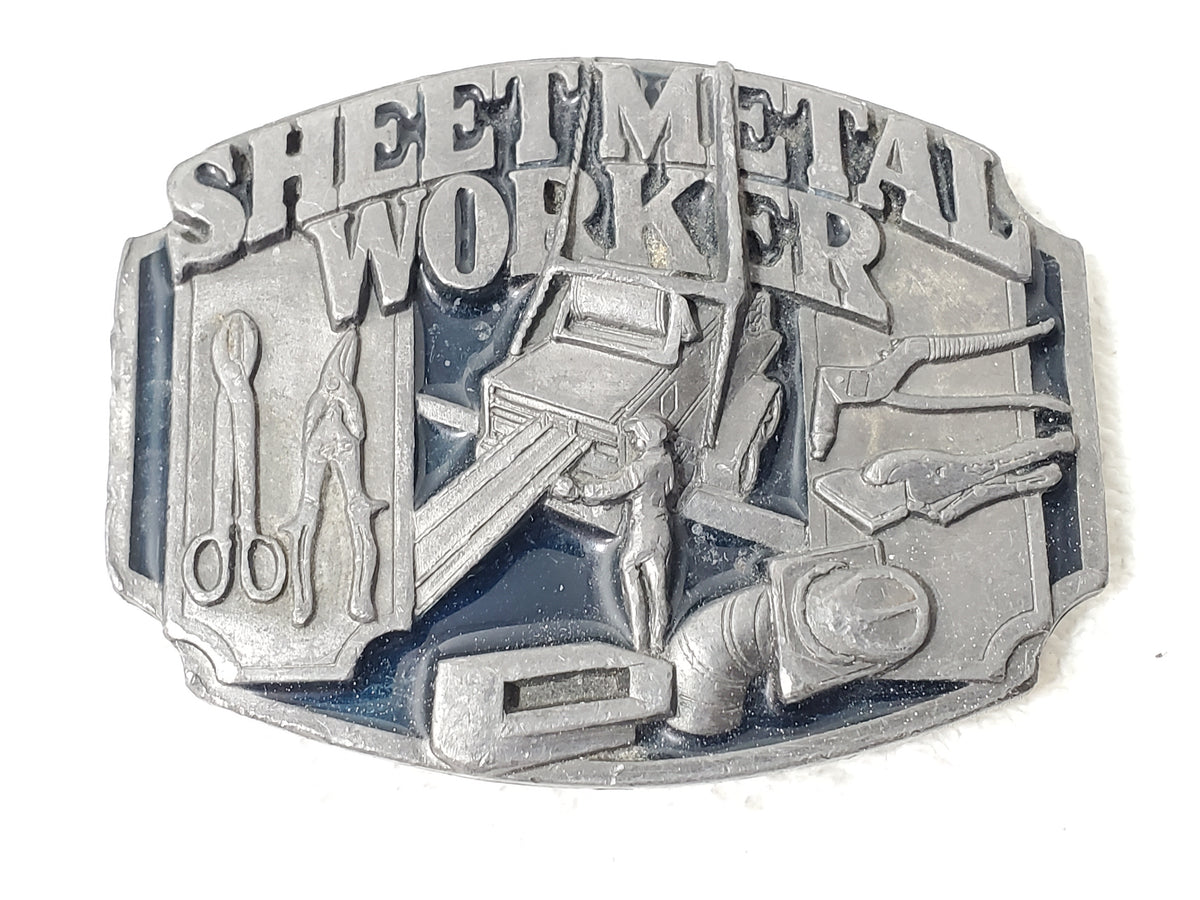 Vintage 1991 Sheet Metal Worker Belt Buckle by Siskiyou Pewter Dark Blue Enamel