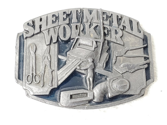 Vintage 1991 Sheet Metal Worker Belt Buckle by Siskiyou Pewter Dark Blue Enamel