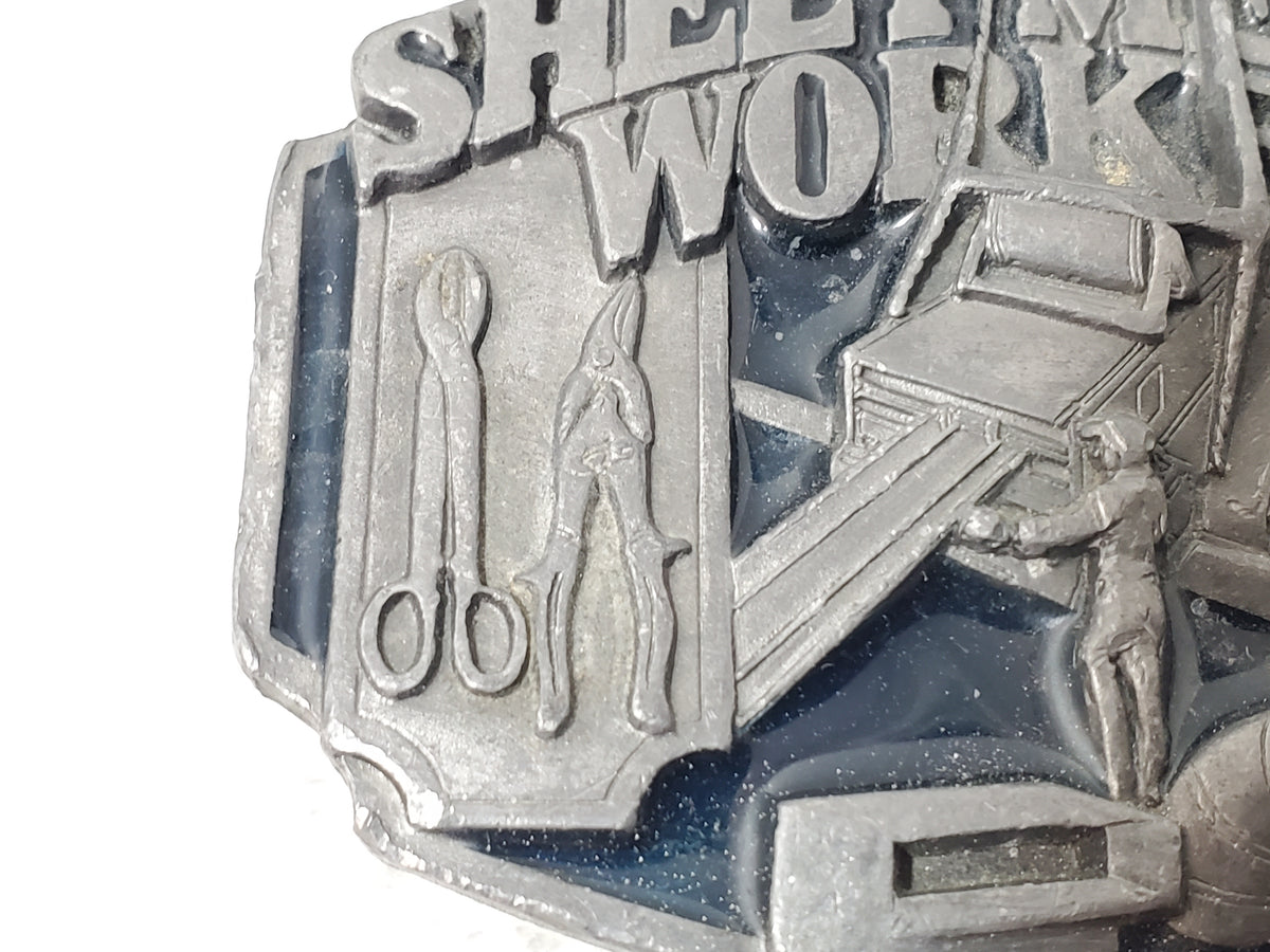 Vintage 1991 Sheet Metal Worker Belt Buckle by Siskiyou Pewter Dark Blue Enamel