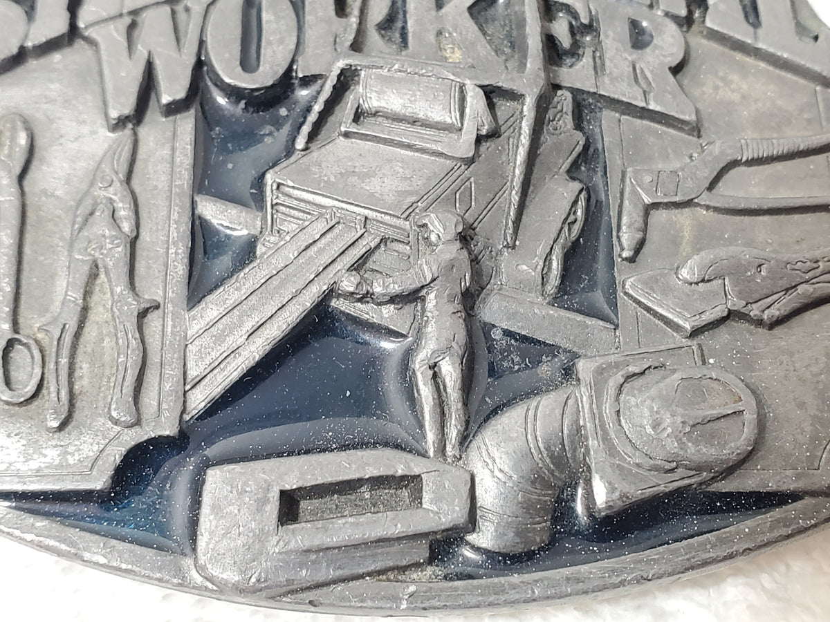 Vintage 1991 Sheet Metal Worker Belt Buckle by Siskiyou Pewter Dark Blue Enamel