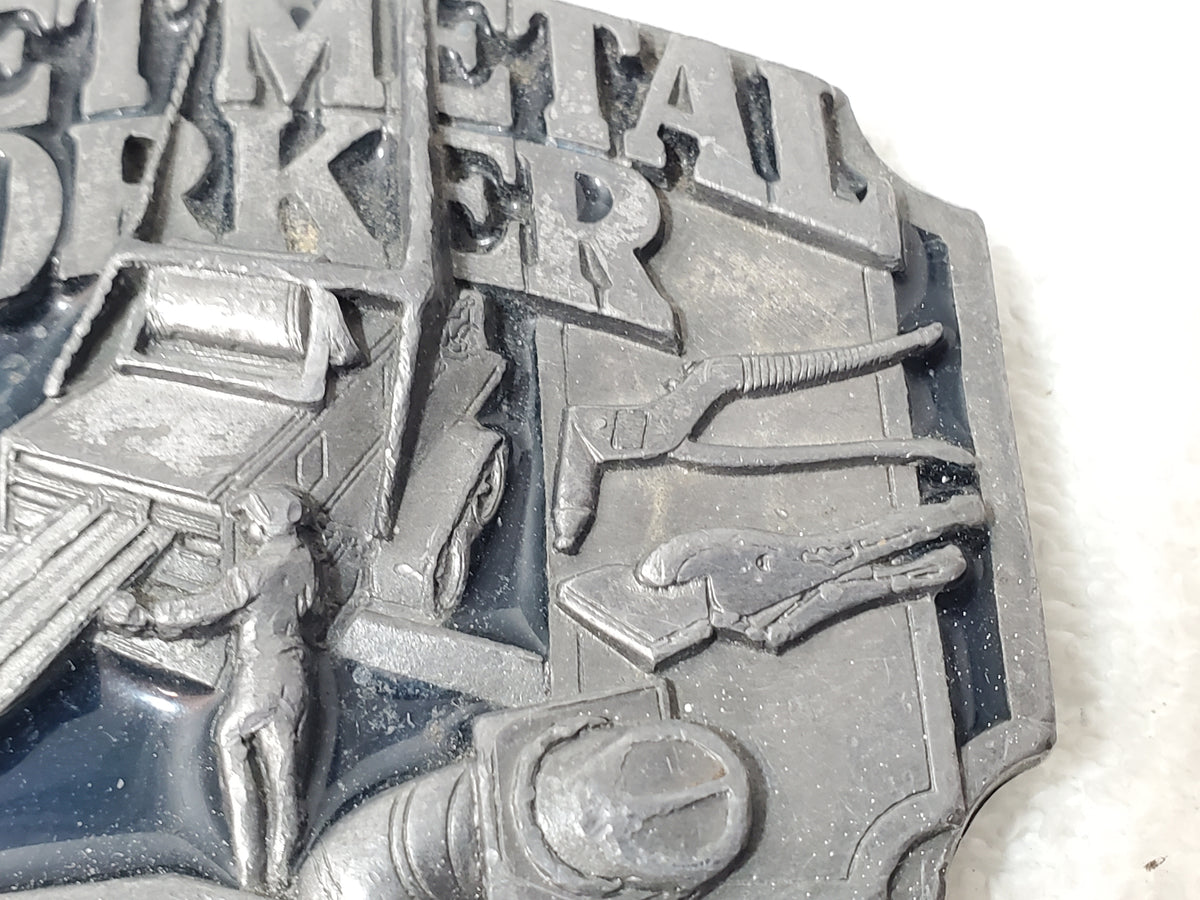 Vintage 1991 Sheet Metal Worker Belt Buckle by Siskiyou Pewter Dark Blue Enamel