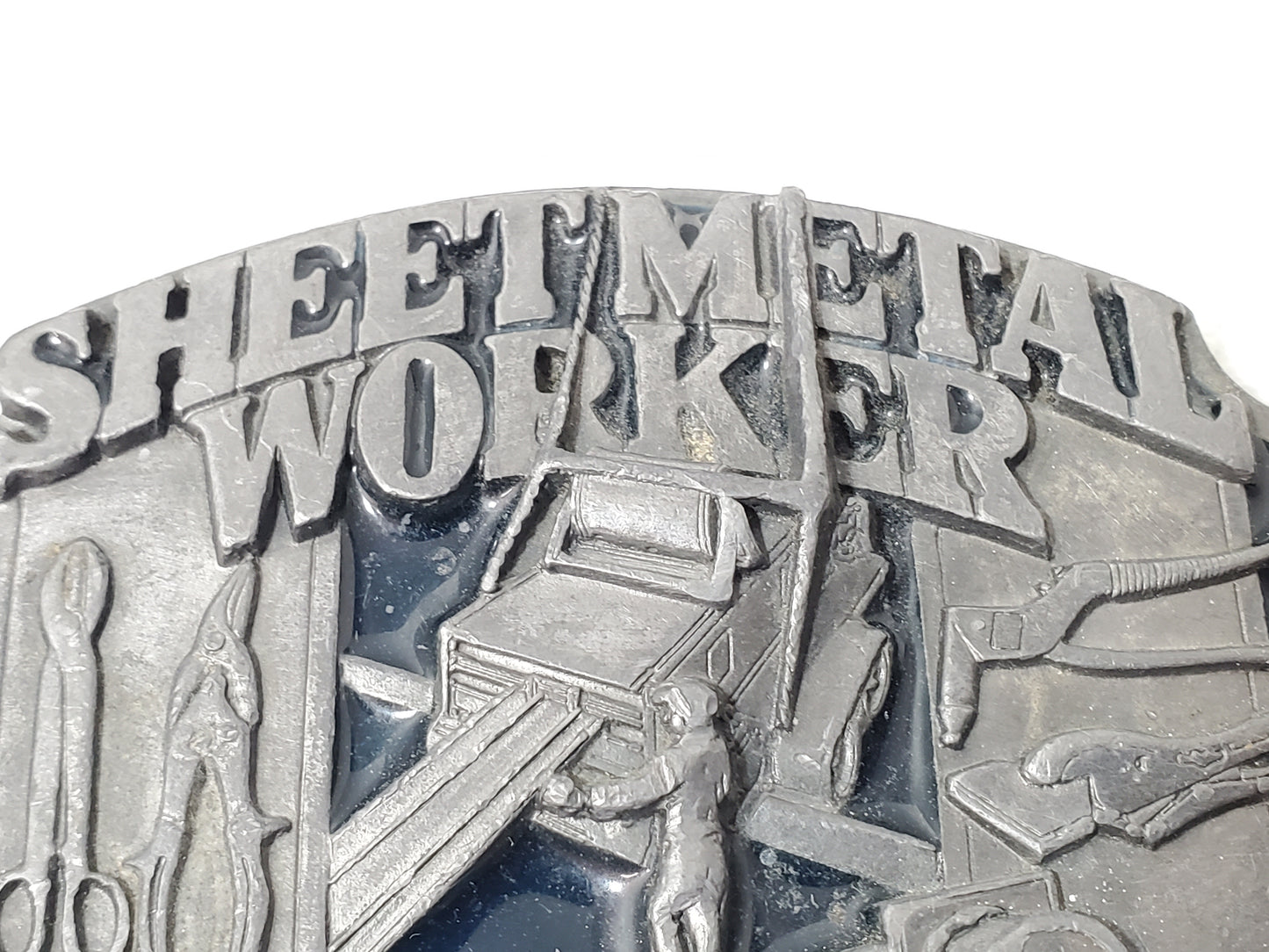 Vintage 1991 Sheet Metal Worker Belt Buckle by Siskiyou Pewter Dark Blue Enamel