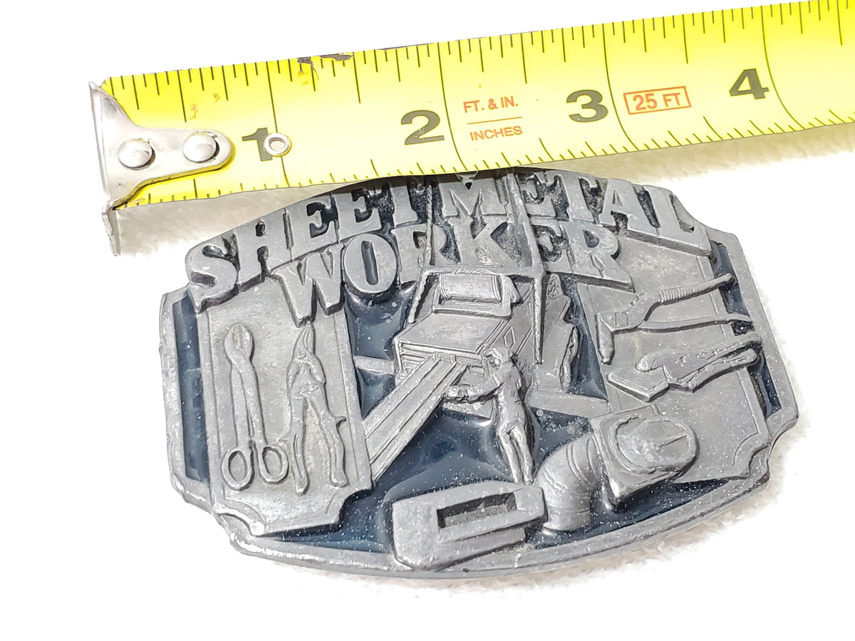 Vintage 1991 Sheet Metal Worker Belt Buckle by Siskiyou Pewter Dark Blue Enamel