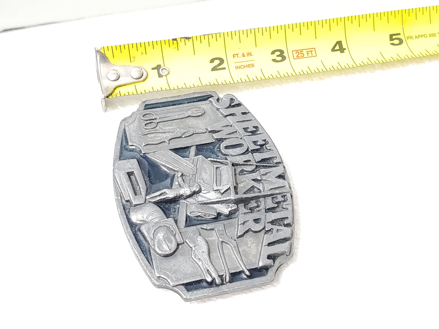 Vintage 1991 Sheet Metal Worker Belt Buckle by Siskiyou Pewter Dark Blue Enamel
