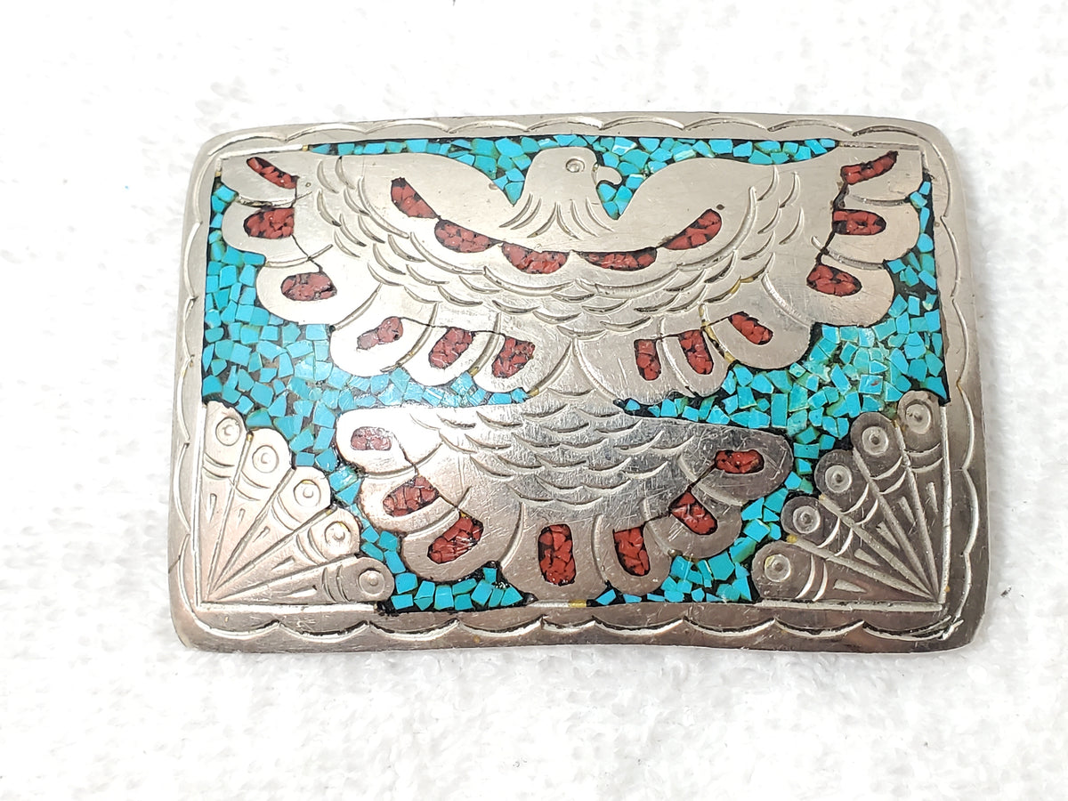 Southwestern Native American Turquoise Coral Chip Inlay Thunderbird Belt Buckle