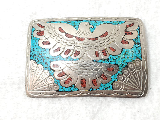 Southwestern Native American Turquoise Coral Chip Inlay Thunderbird Belt Buckle