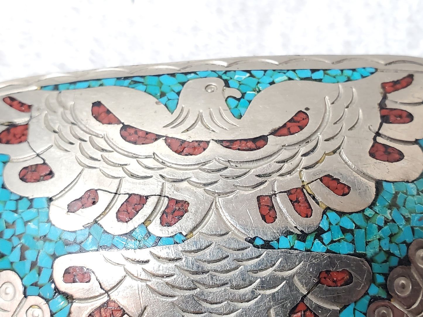 Southwestern Native American Turquoise Coral Chip Inlay Thunderbird Belt Buckle