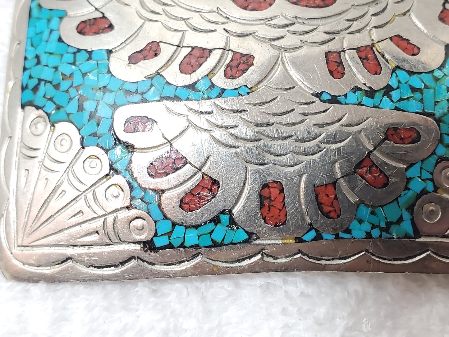 Southwestern Native American Turquoise Coral Chip Inlay Thunderbird Belt Buckle
