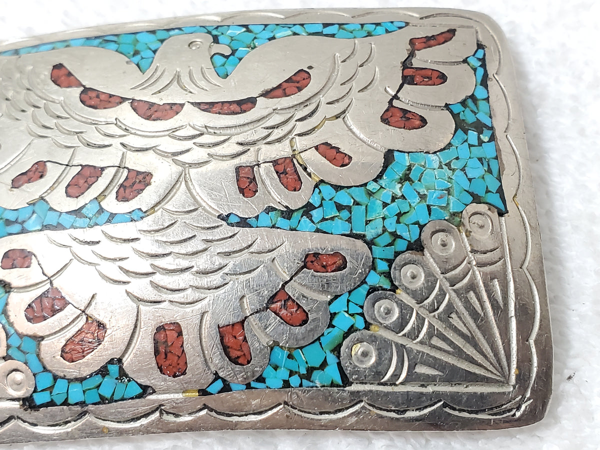 Southwestern Native American Turquoise Coral Chip Inlay Thunderbird Belt Buckle