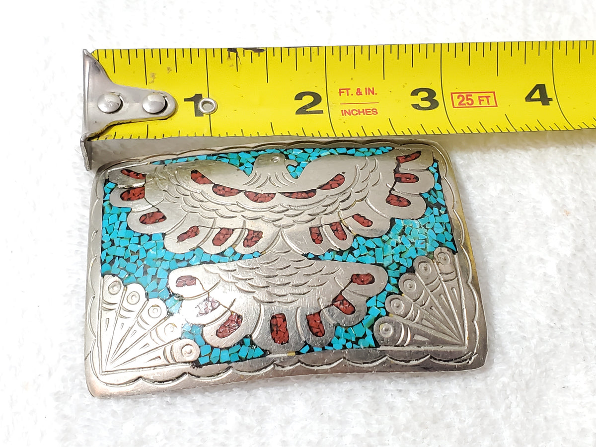 Southwestern Native American Turquoise Coral Chip Inlay Thunderbird Belt Buckle