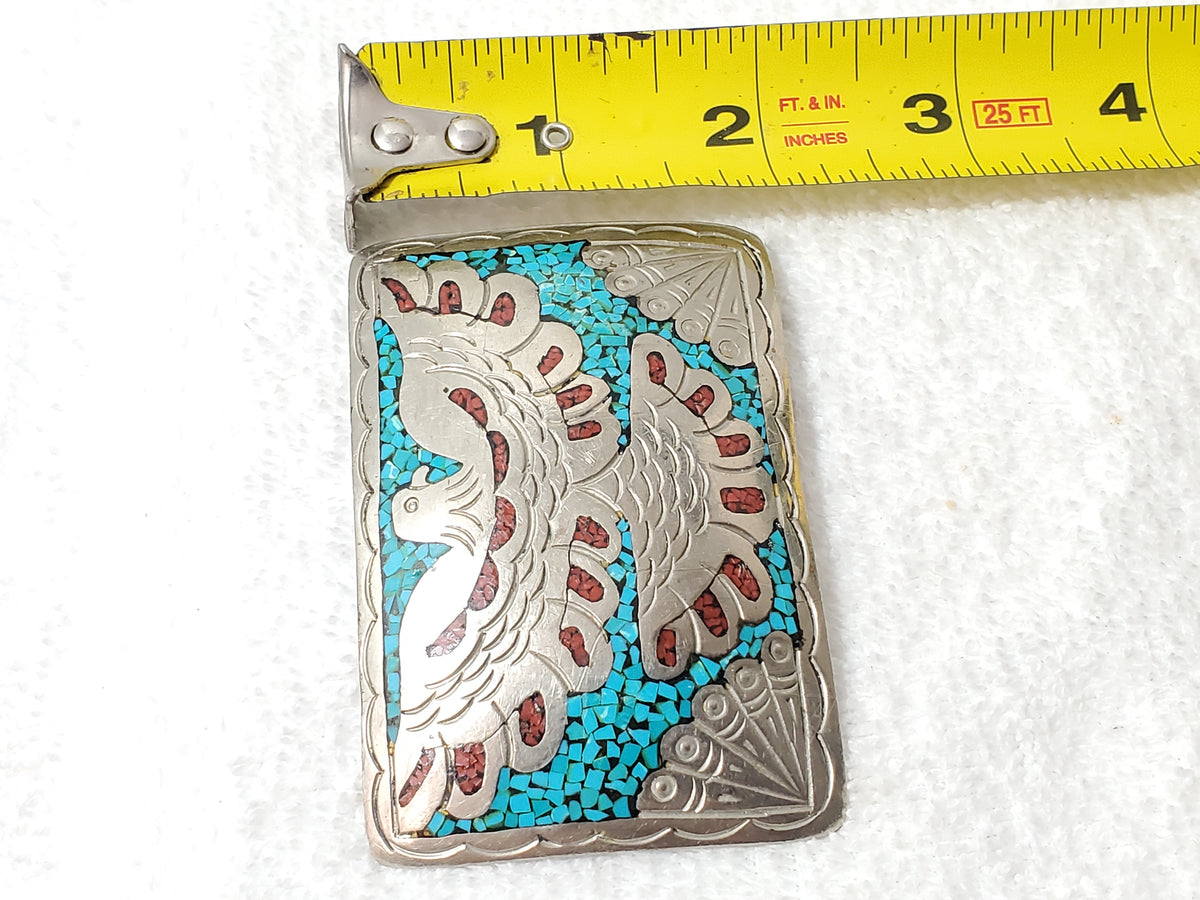 Southwestern Native American Turquoise Coral Chip Inlay Thunderbird Belt Buckle