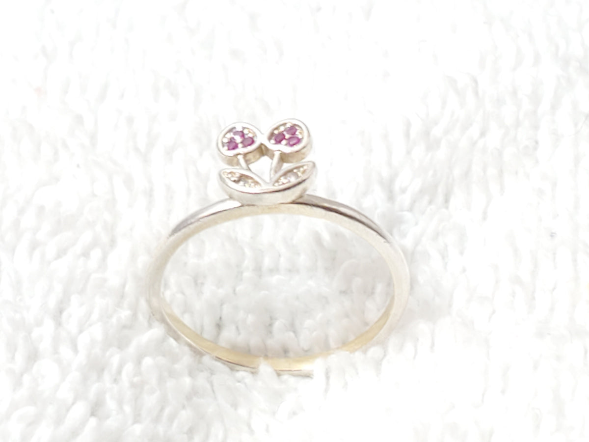 925 Sterling Silver Cherry Motif Ring Synthetic Rubies Diamond Accents Vinatge