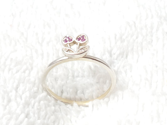 925 Sterling Silver Cherry Motif Ring Synthetic Rubies Diamond Accents Vinatge