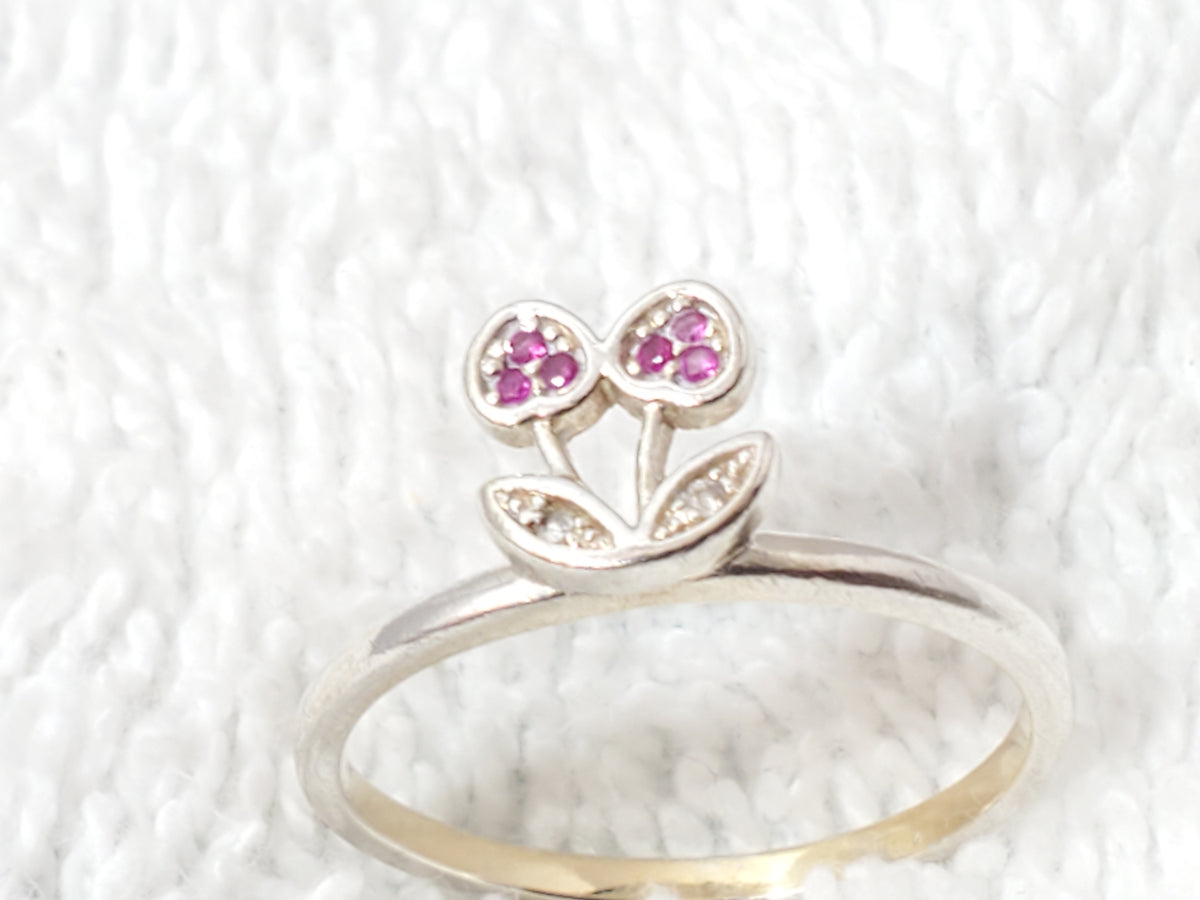 925 Sterling Silver Cherry Motif Ring Synthetic Rubies Diamond Accents Vinatge