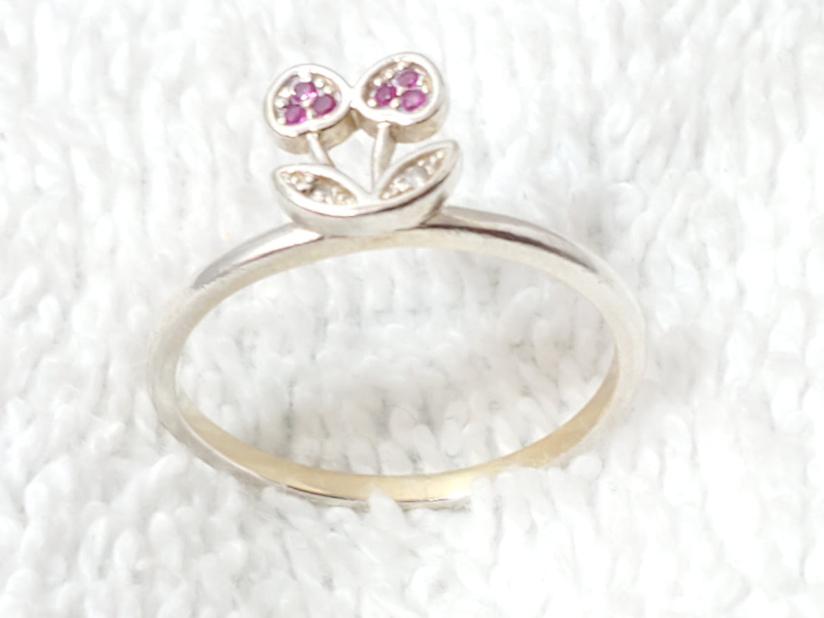 925 Sterling Silver Cherry Motif Ring Synthetic Rubies Diamond Accents Vinatge