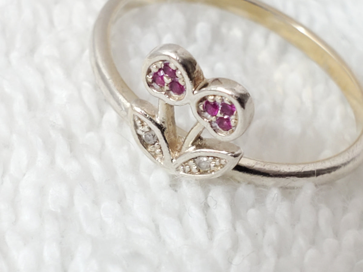925 Sterling Silver Cherry Motif Ring Synthetic Rubies Diamond Accents Vinatge