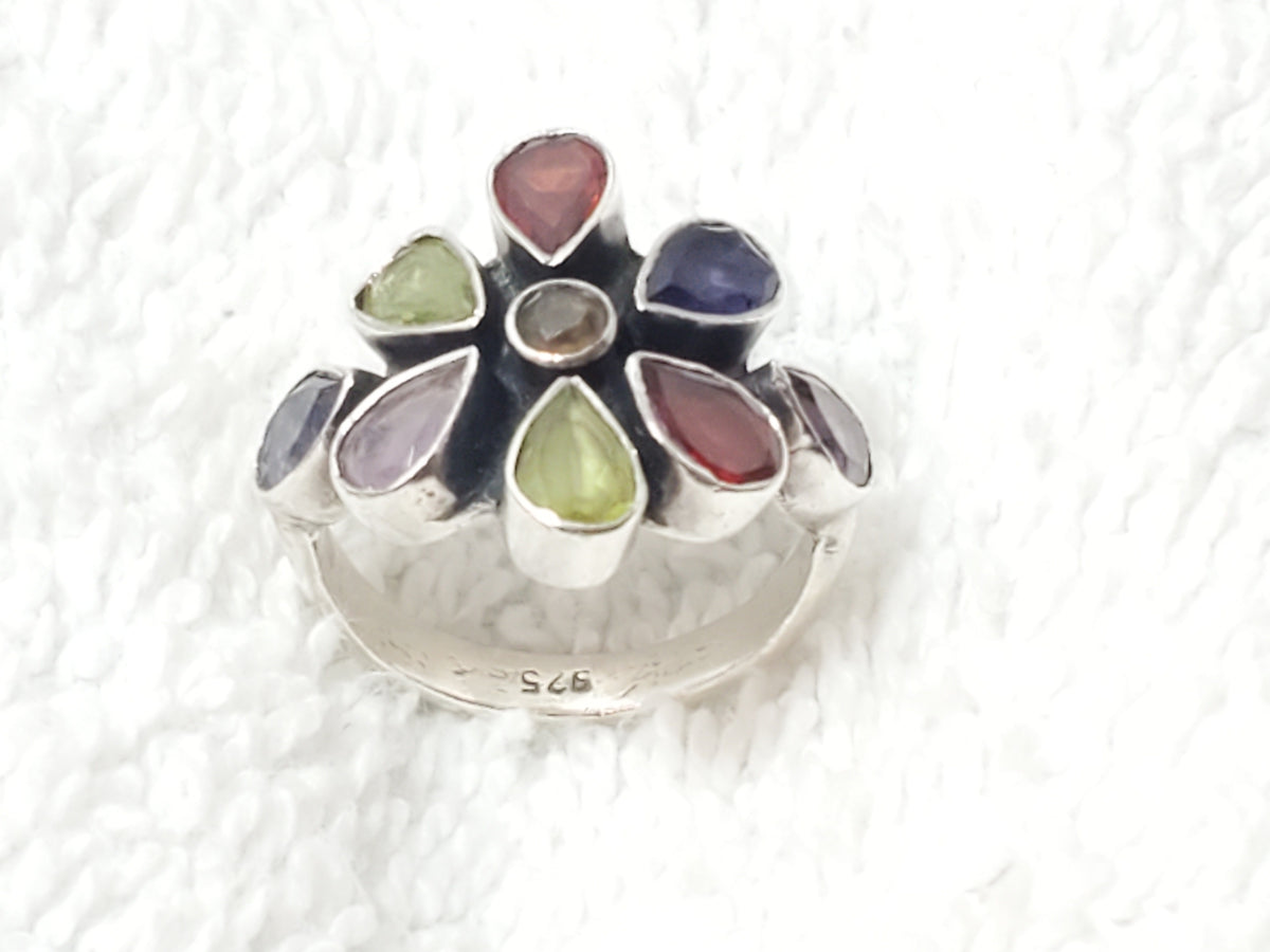 Vintage 925 Sterling Silver Multi Gemstone Flower Cluster Cocktail Ring Size 6
