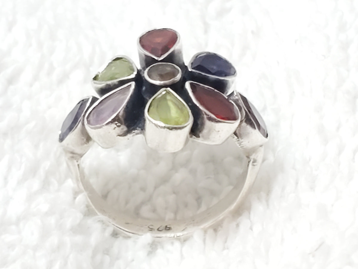 Vintage 925 Sterling Silver Multi Gemstone Flower Cluster Cocktail Ring Size 6