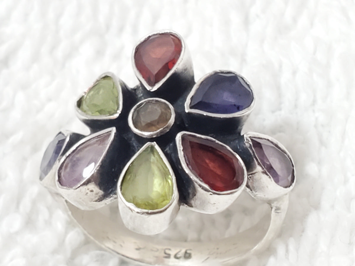 Vintage 925 Sterling Silver Multi Gemstone Flower Cluster Cocktail Ring Size 6